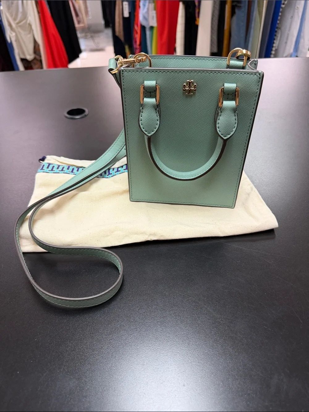 Tory Burch Mint Green Leather Mini Crossbody with Gold Hardware